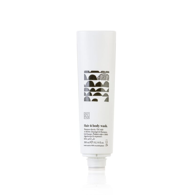 Shampoo doccia in flacone 300 ml di plastica riciclata. Non ricaricabile.