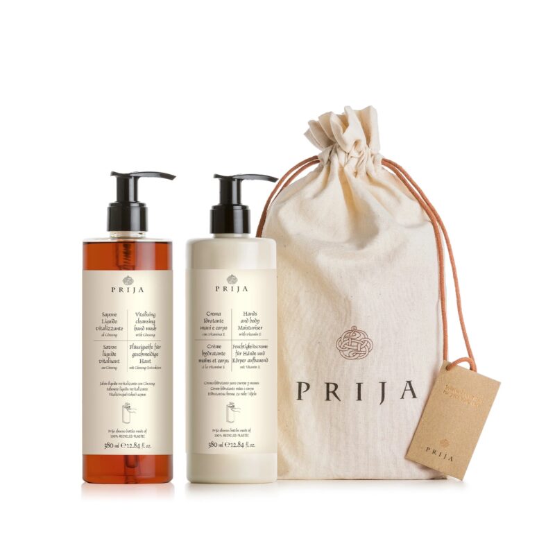 Sacchetto di cotone con sapone liquido e crema idratante