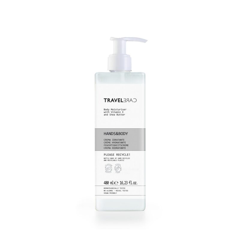 Crema mani e corpo in flacone 480 ml in pet riciclato. Flacone ricaricabile