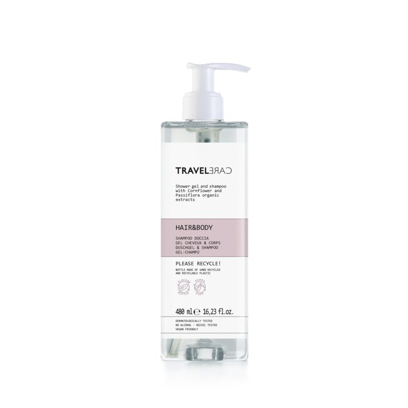 Shampoo doccia in flacone 480 ml in pet riciclato. Flacone ricaricabile