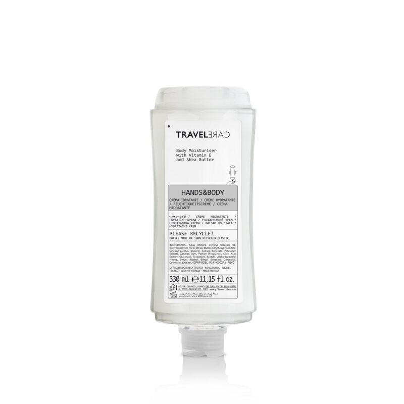 Crema mani e corpo in flacone 330 ml in pet riciclato. Non ricaricabile.