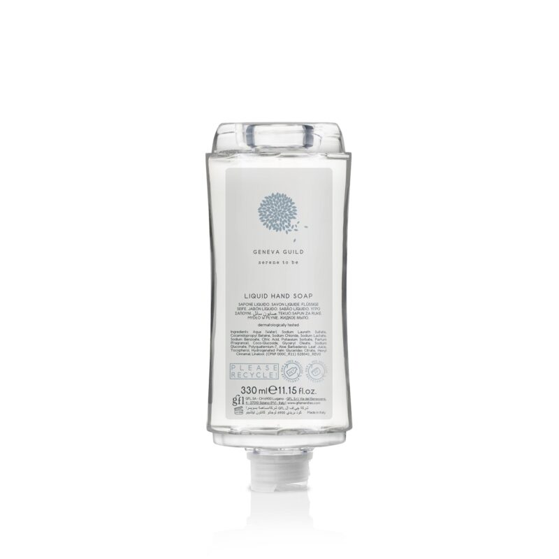 Sapone liquido in flacone 330 ml in pet riciclato. Non ricaricabile.