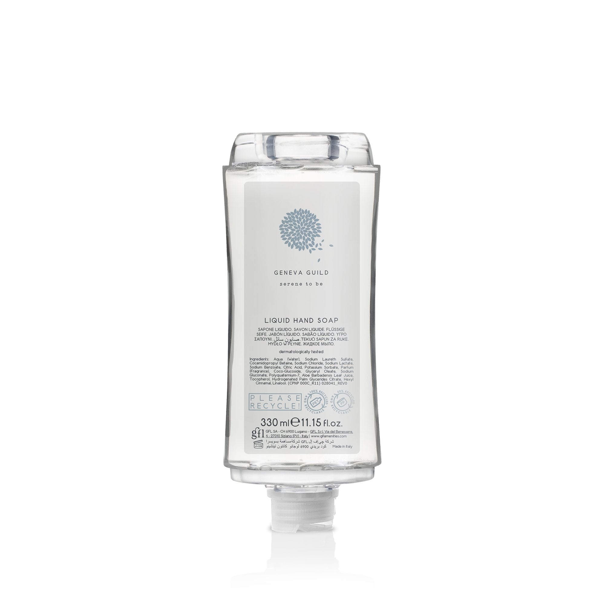 PDSR330LMGG Liquid soap in 330 ml bottle made of recycled pet. Not refillable.