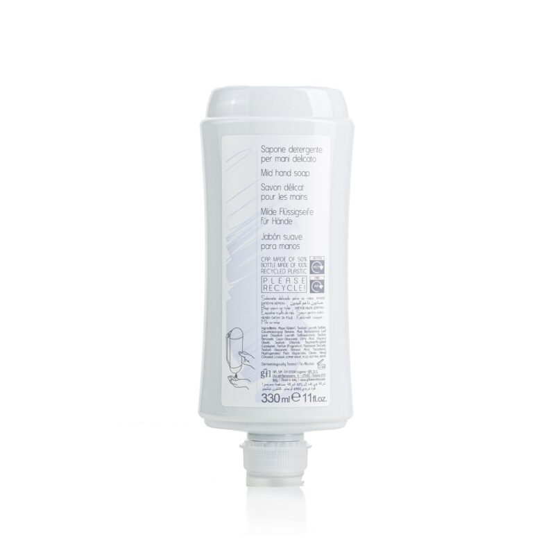 Sapone liquido in flacone 330 ml in pet riciclato. Non ricaricabile.