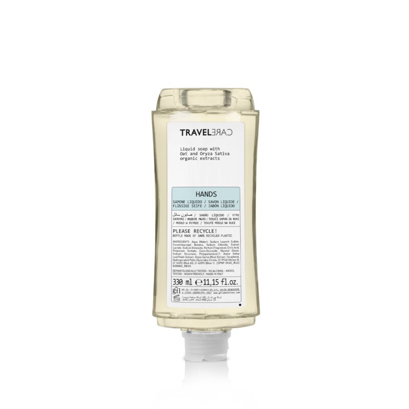 Sapone liquido in flacone 330 ml in pet riciclato. Non ricaricabile.