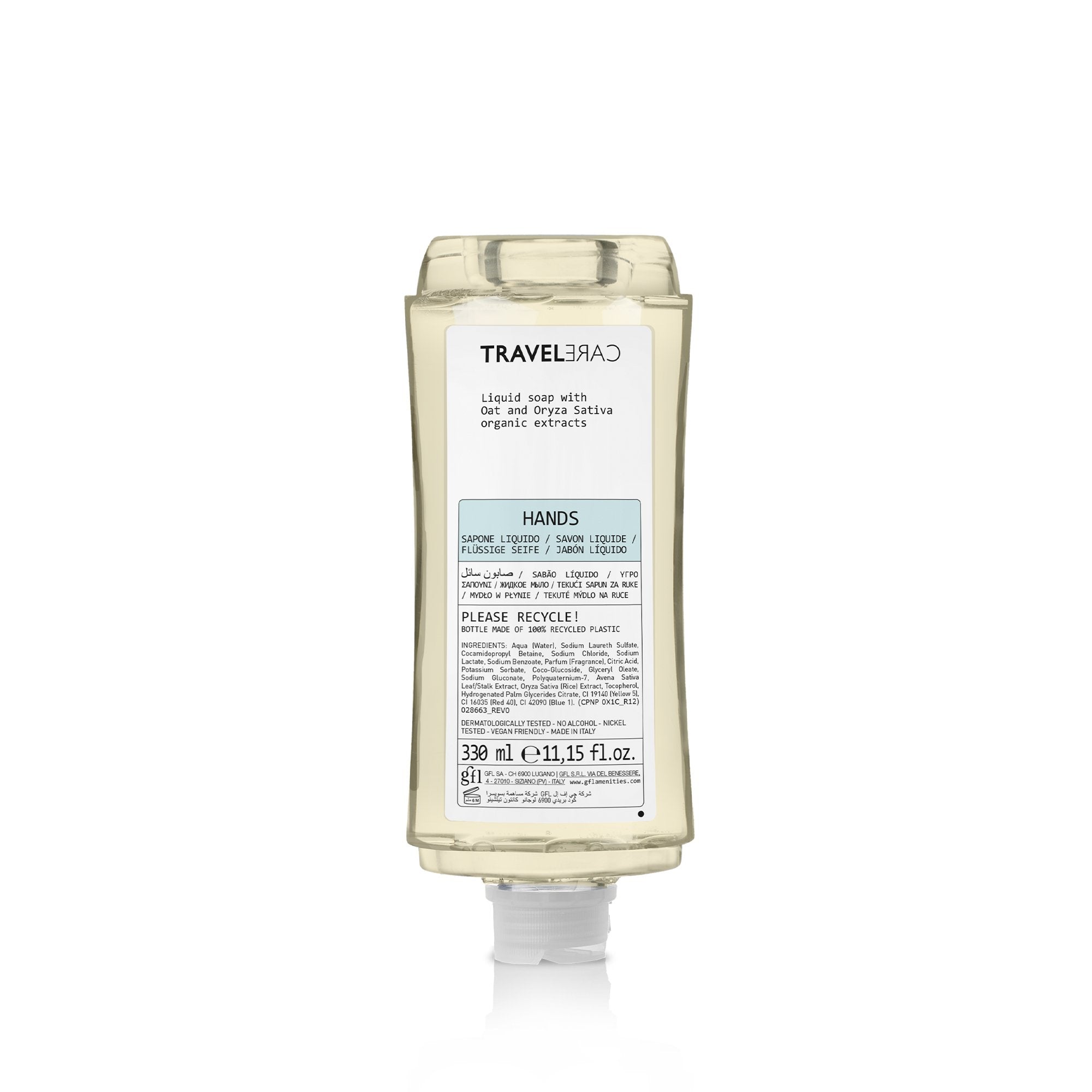 PDSR330LMTR3 Sapone liquido in flacone 330 ml in pet riciclato. Non ricaricabile.