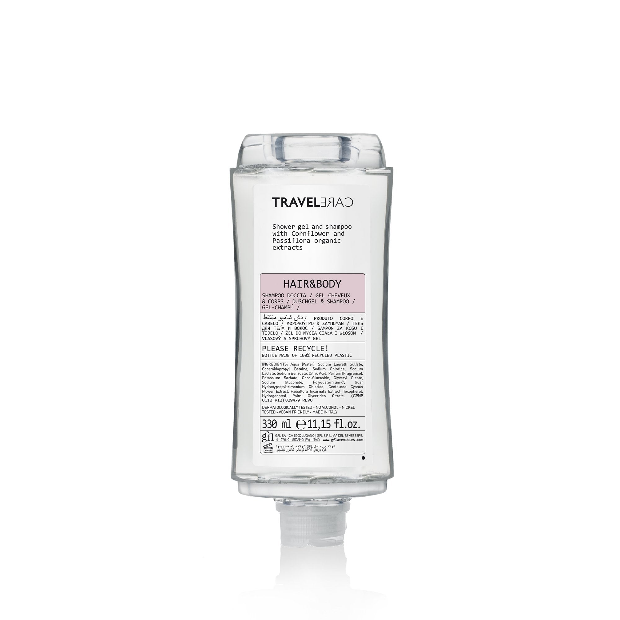 PDSR330MTR3 Shampoo doccia in flacone 330 ml in pet riciclato. Non ricaricabile.